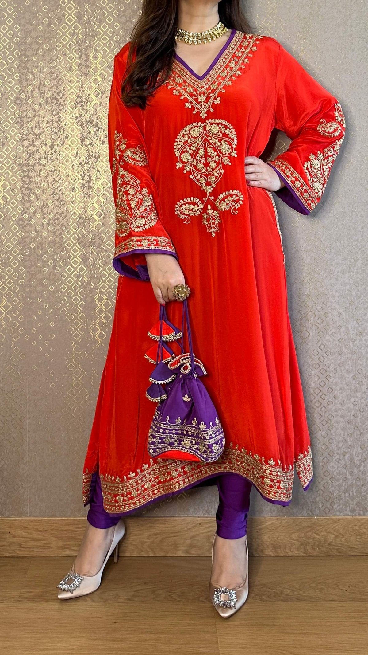 Red Crepe Kashmiri Phiran Kurta Set with Zari Embroidery