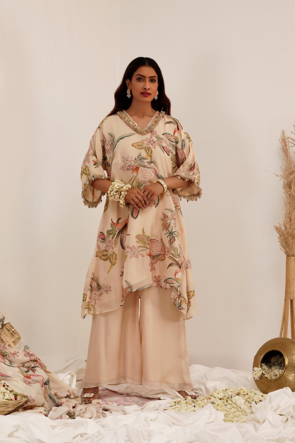 Pale Peach Floral Organza A-Line Kurta Set with Palazzo
