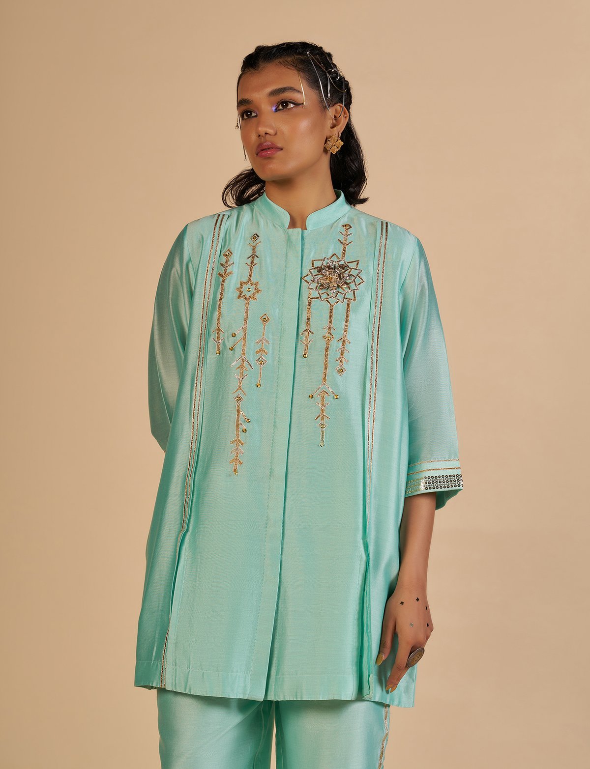 Aqua Silk Chanderi Boxy Shirt with Gota and Sequin Work