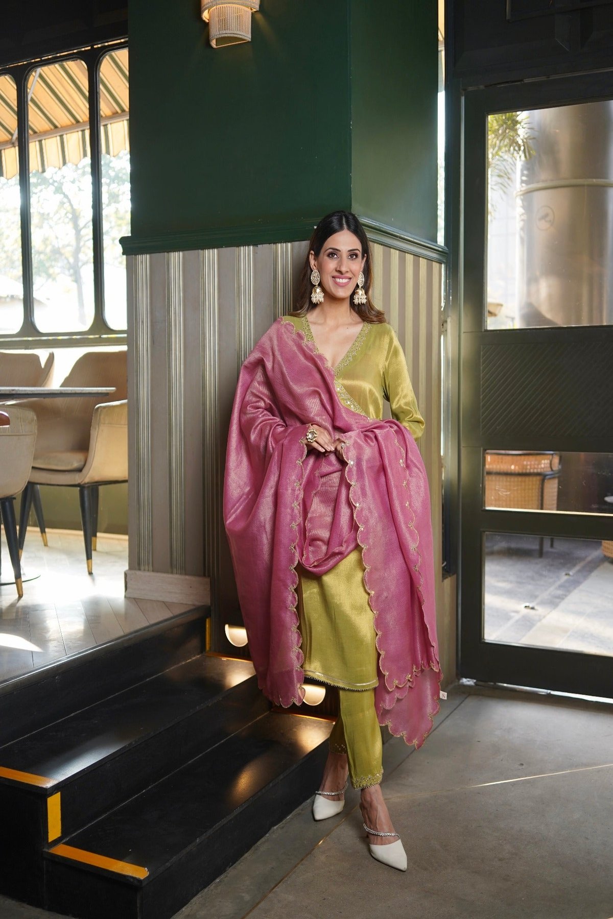 Meadow Green Tissue Angrakha Kurta Set with Narrow Pants