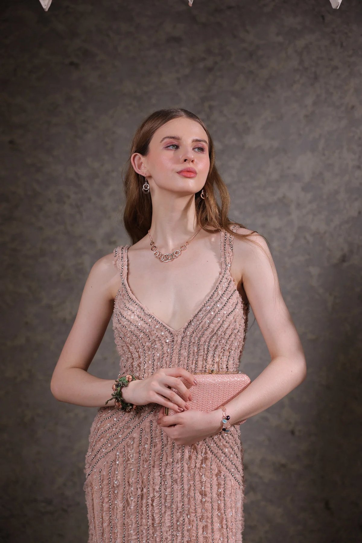 Peach Hand-Beaded Lace Maxi Gown