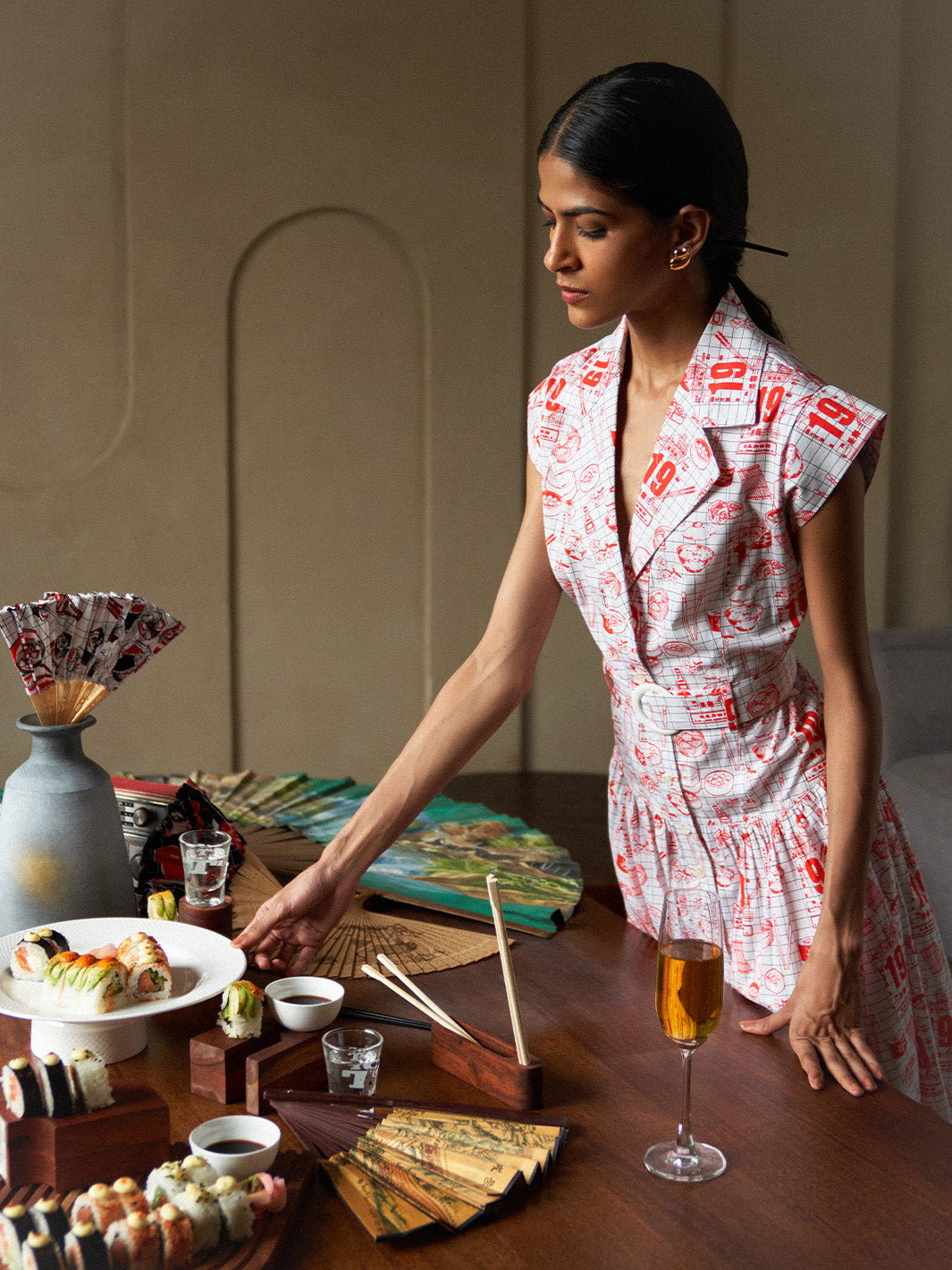 White Poplin Midi Shirt Dress With Red Graphic Print