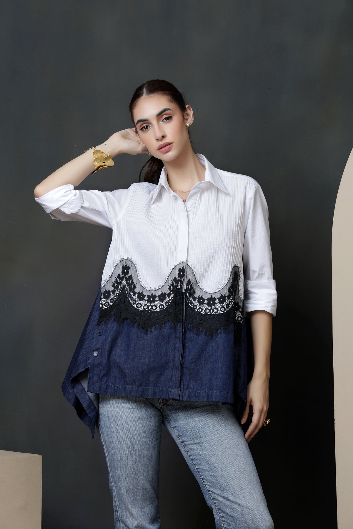 White and Dark Denim Colorblock Lace Panel Shirt