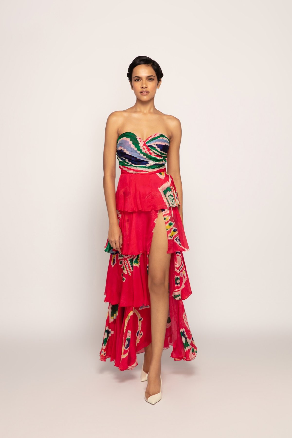 Pink Paisley Print Strapless Tiered Maxi Dress with Slit