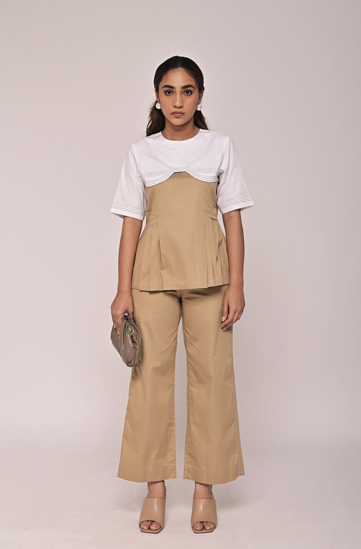 Beige and White Two-Tone Cotton Satin Co-ord Set