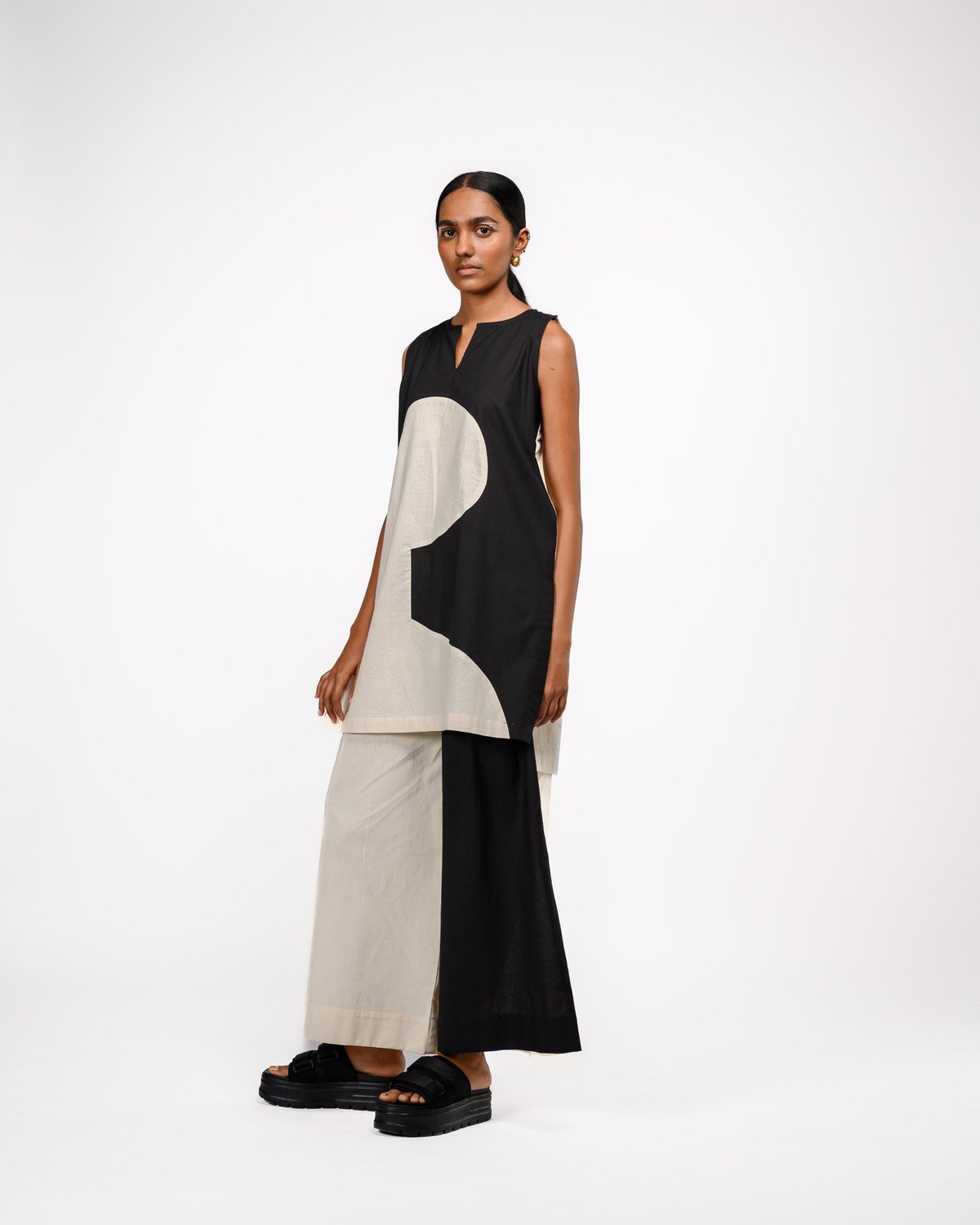 Black and Off-White Colorblocked Wide-Leg Cotton Trousers