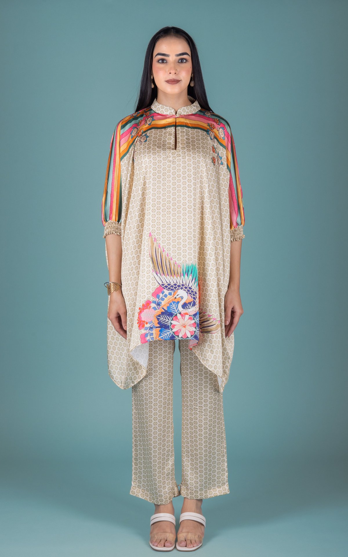 Beige Printed Satin Co-ord Set with Tunic Top and Pants