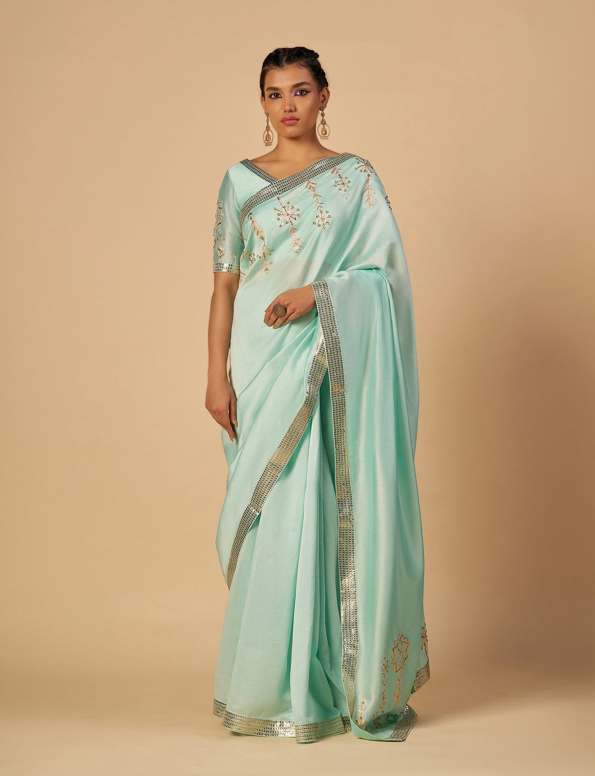 Aqua Chanderi Saree with Metallic Border and Motif Work