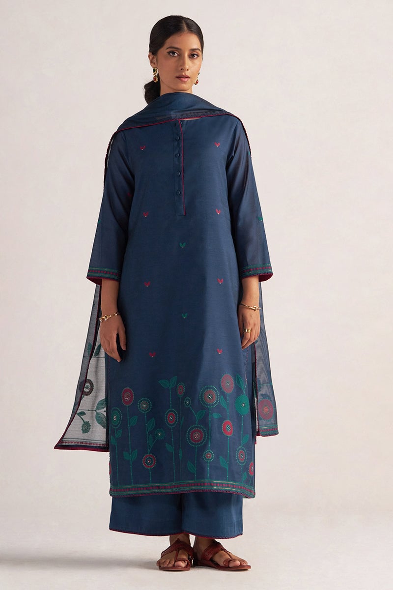 Legion Blue Woven Chanderi Straight Kurta Set with Dupatta