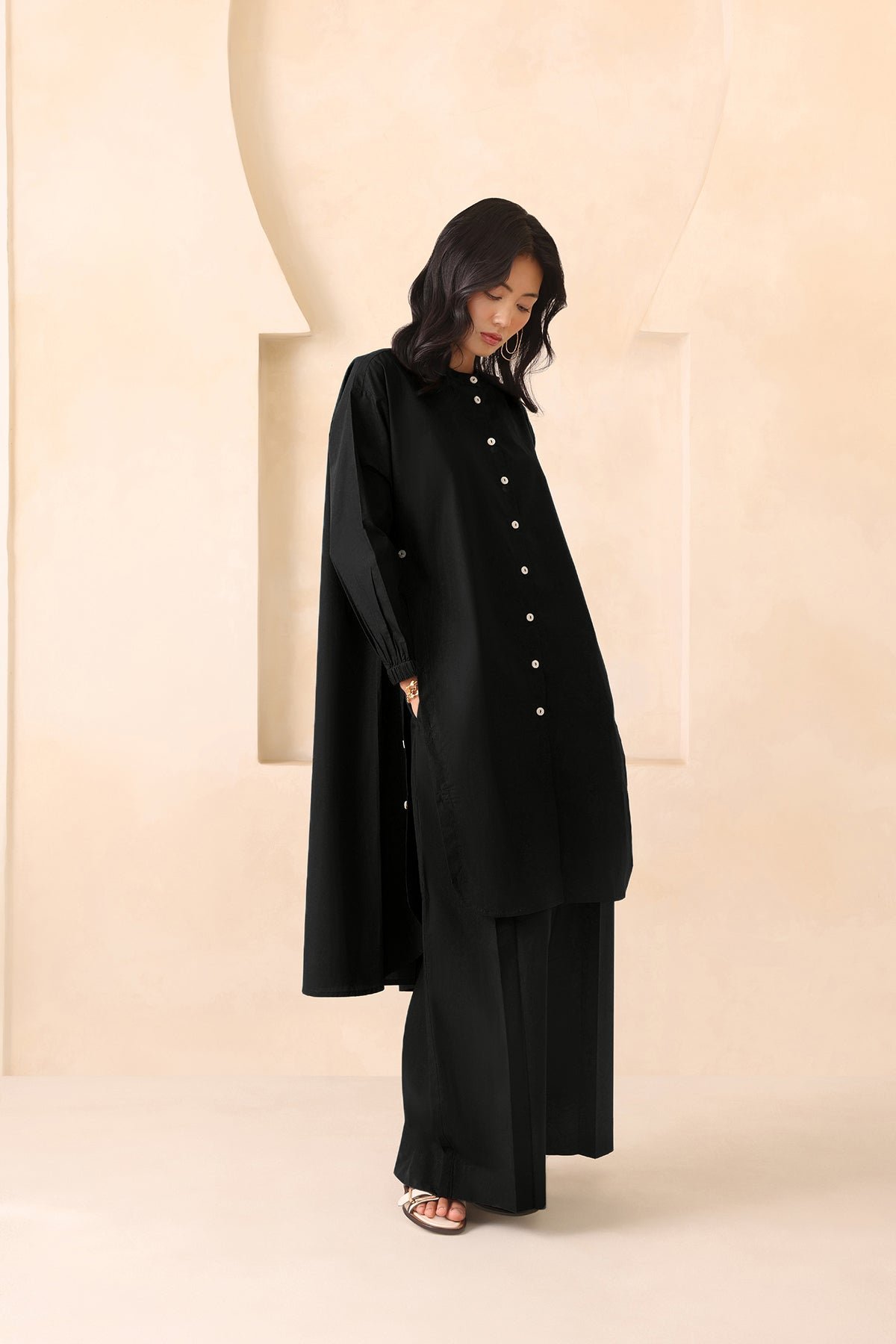 Black Cotton Poplin Tunic and Pleated Pant Co-ord Set