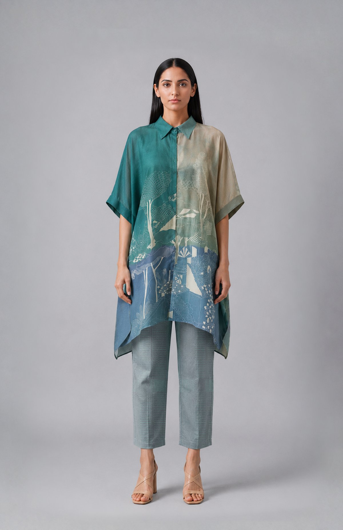 Teal Colorblocked Printed Kaftan and Pant Co-ord Set