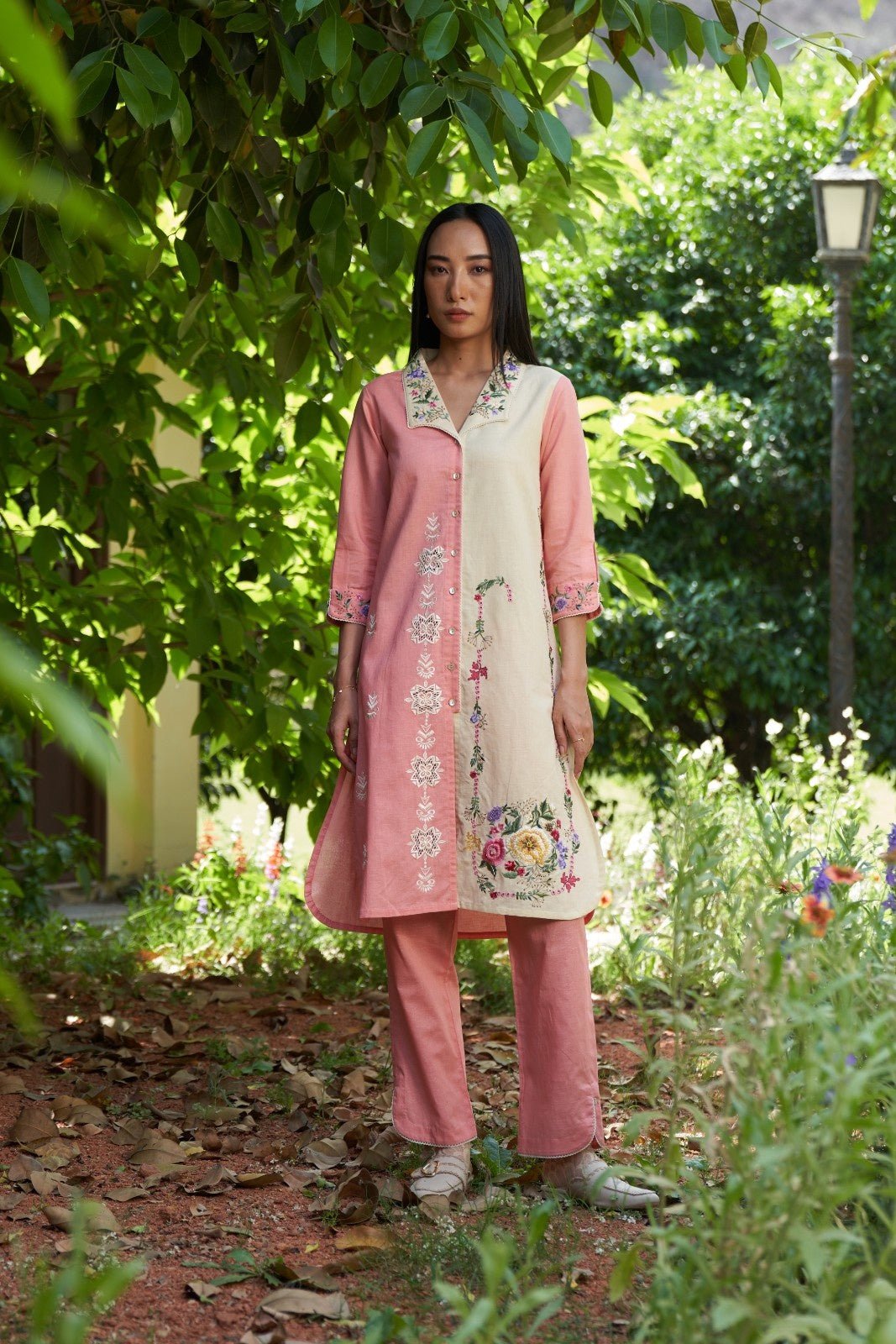 Peach and Ivory Embroidered Colorblock Kurta Set
