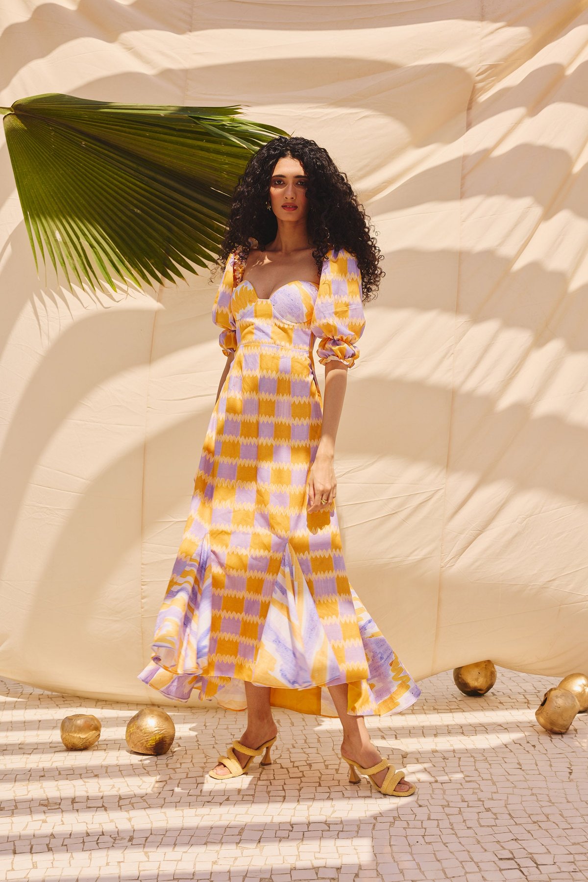 Multicolor Checked Cotton-Linen Fit and Flare Midi Dress