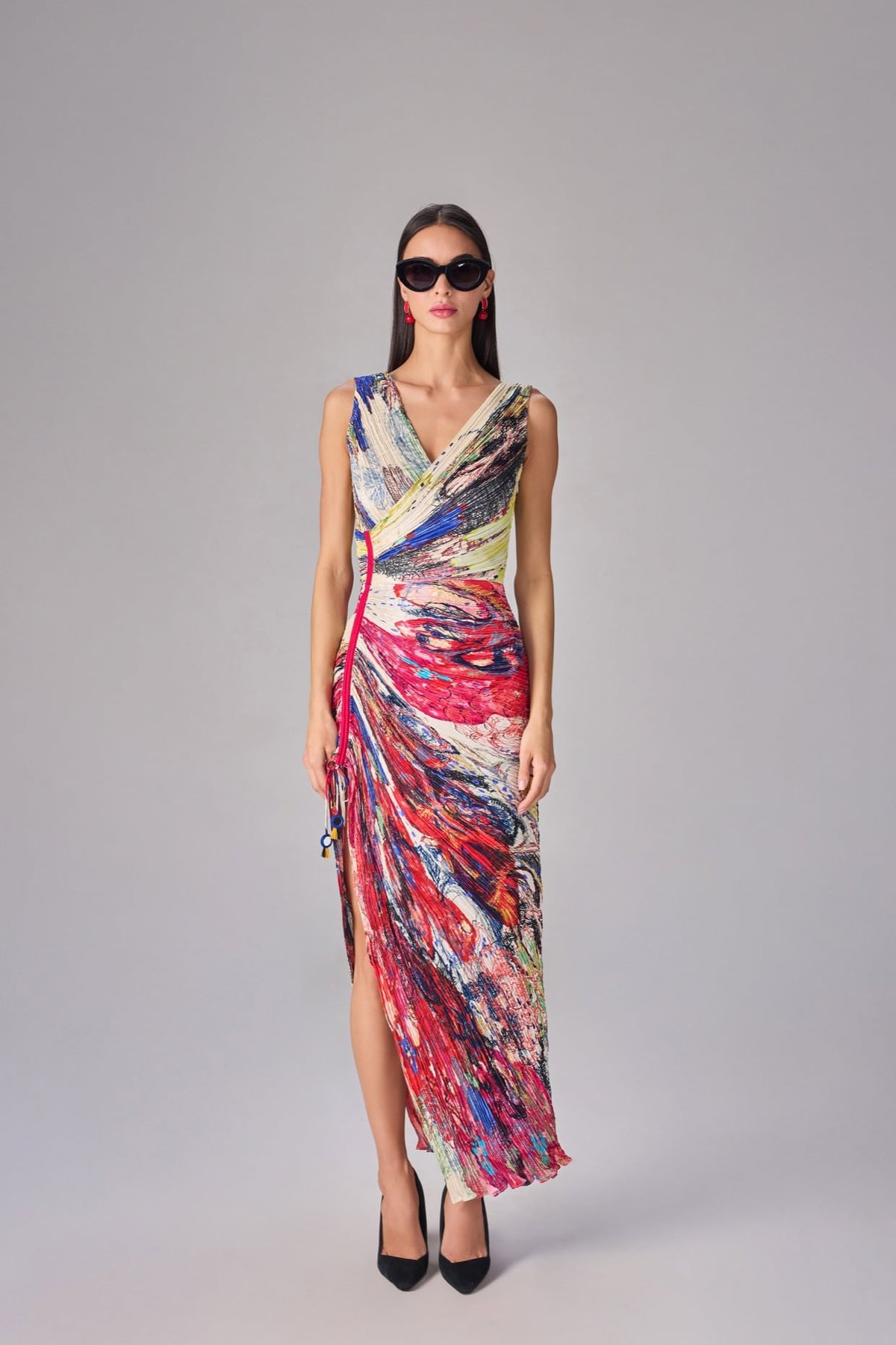 Multi-Colour Abstract Floral Wrap Midi Dress