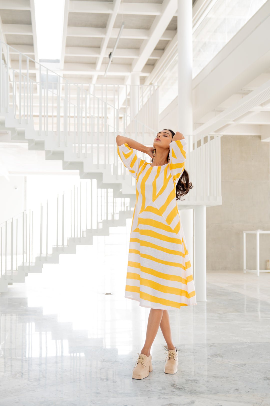 Yellow Striped Linen-Blend Midi Dress with Pockets