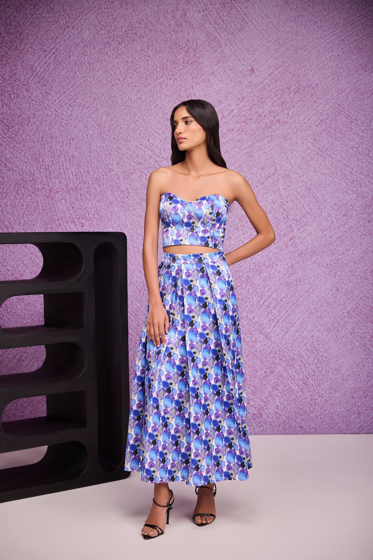 Blue Printed Pleated Midi Skirt in Gajji Silk