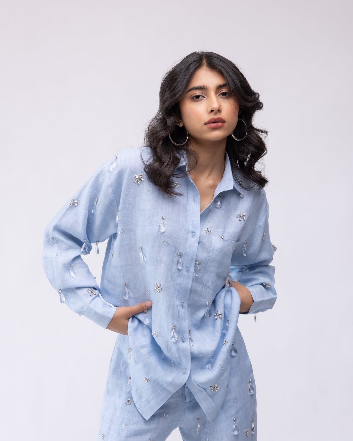 Pastel Blue Linen Shirt with Crystal Drop Embellishment