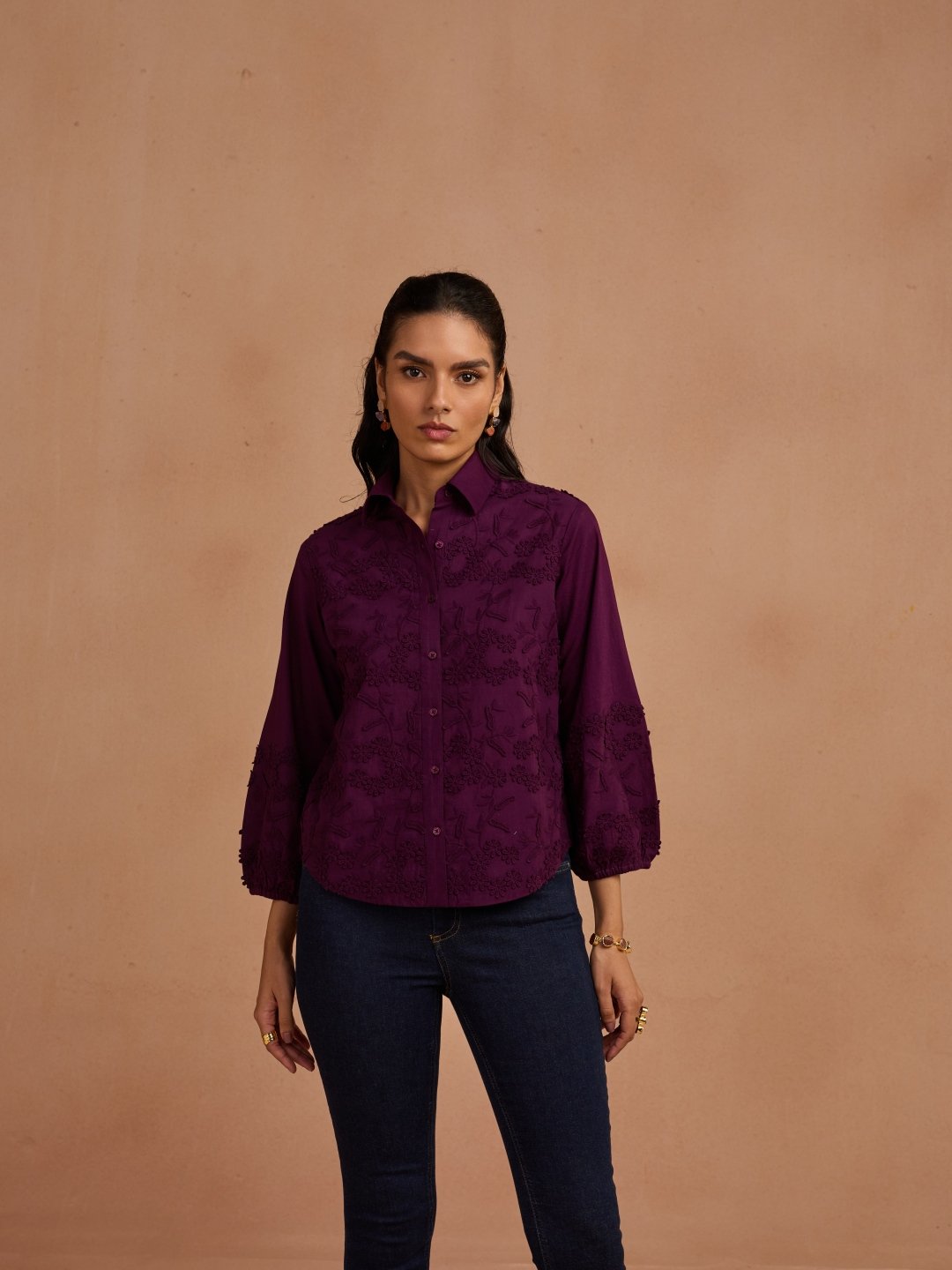 Purple Tonal Embroidered Button-Down Shirt
