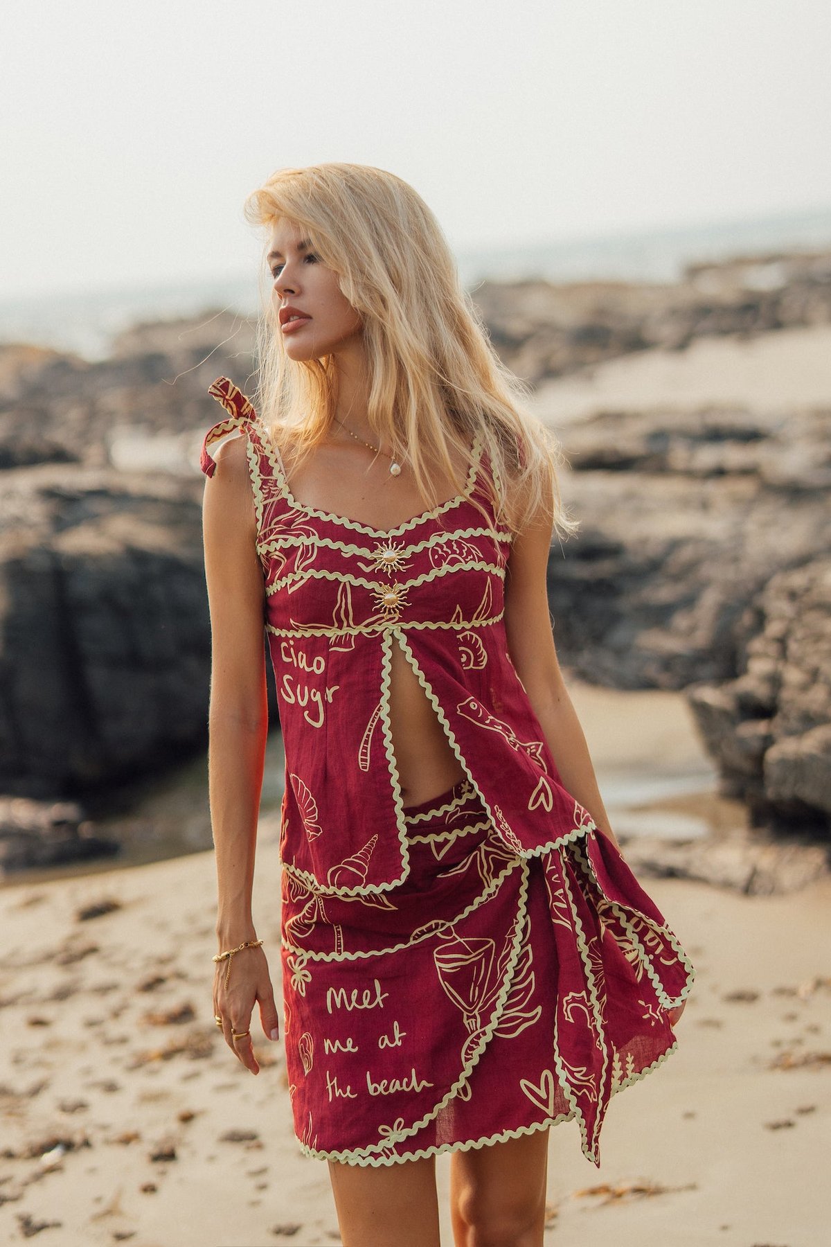 Red Graphic Printed Linen Tie-Up Cami Top