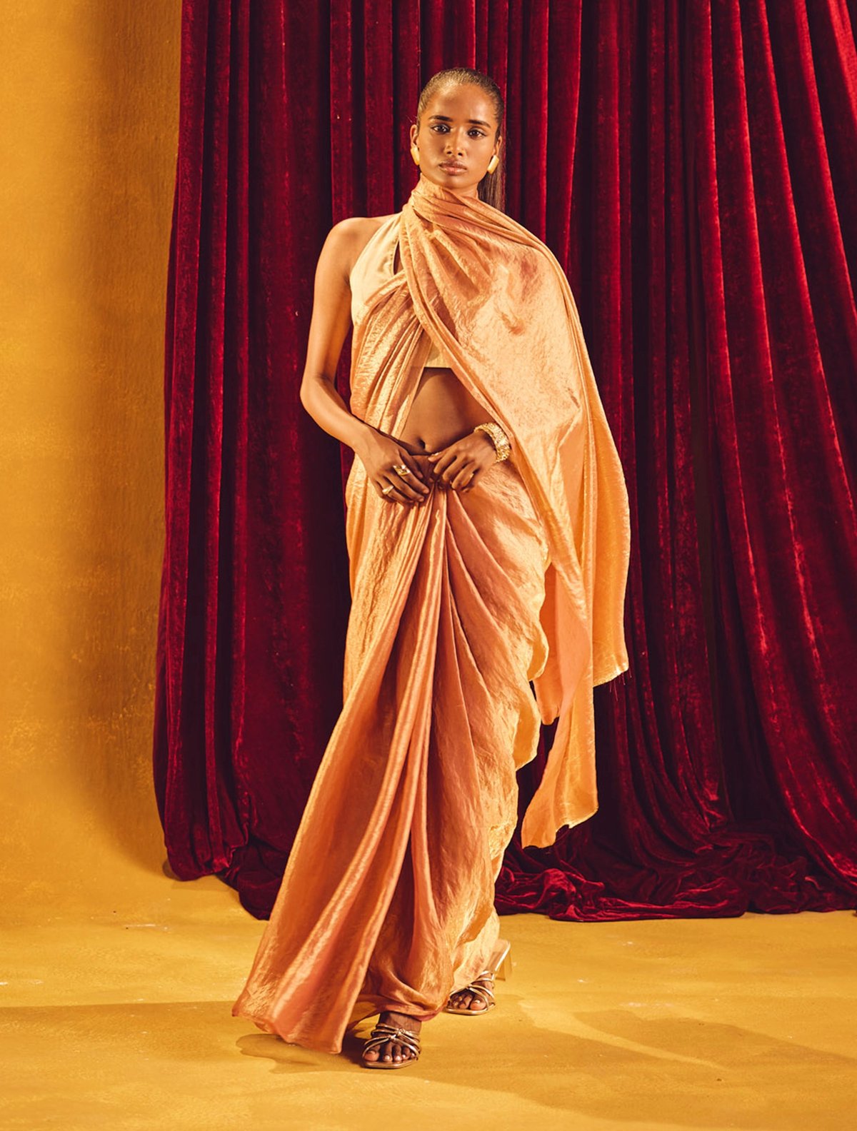 Peach Copper Tissue Saree with Unstitched Blouse Piece