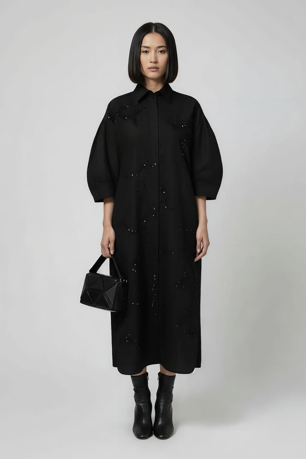 Black Embroidered Midi Shirt Dress with 3/4 Sleeves