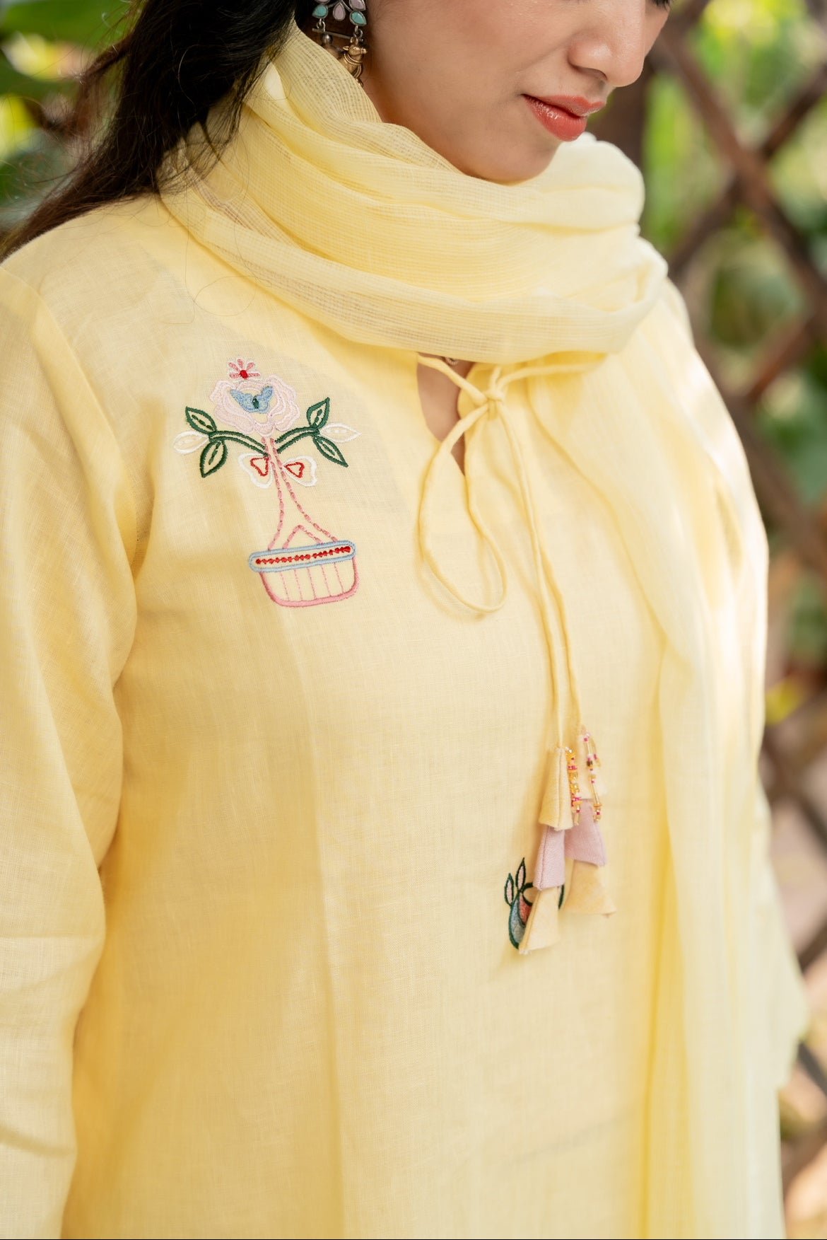 Pastel Yellow Linen Kurta Set with Embroidered Motifs