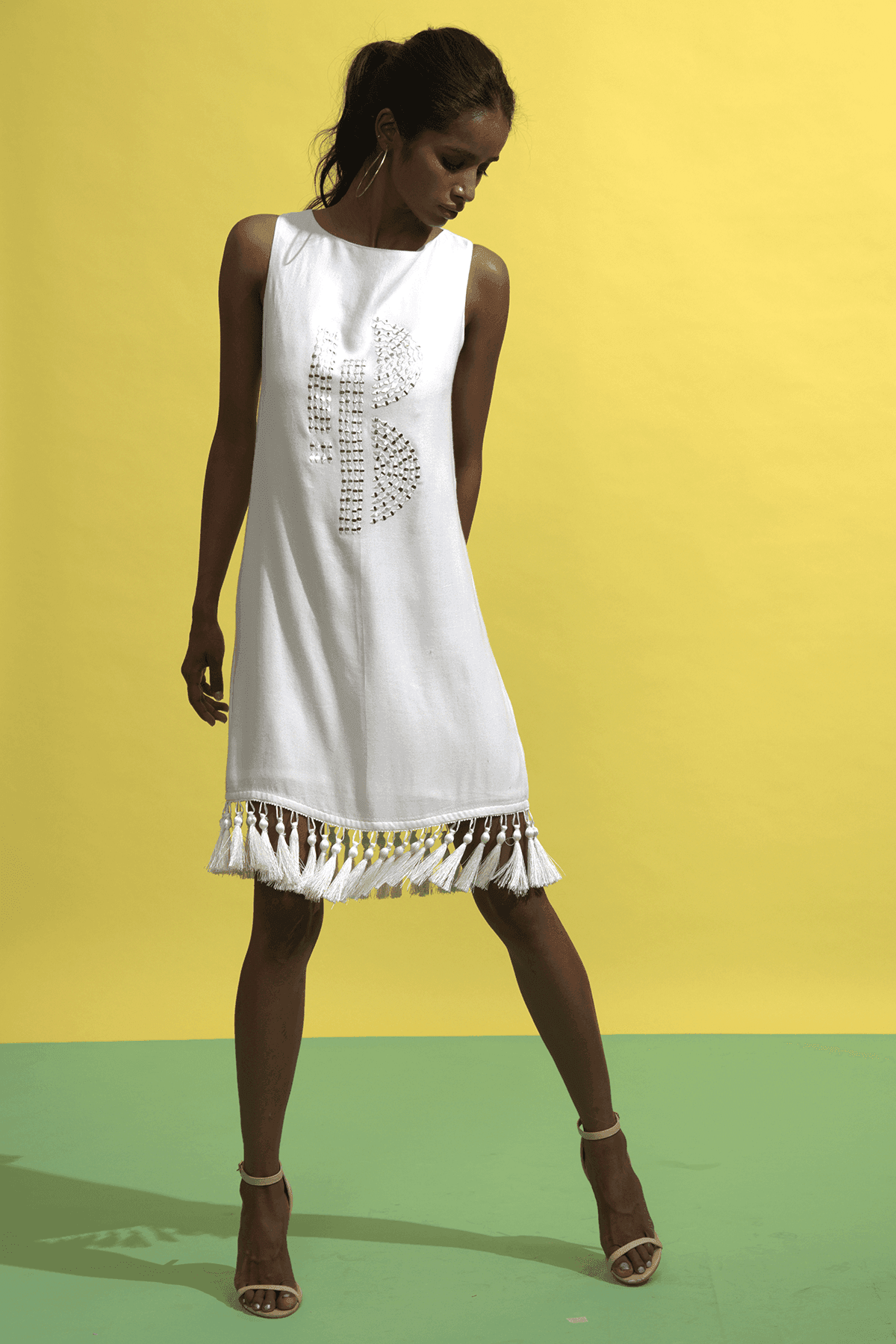 Ivory Mirror Motif Fringe Hem Shift Dress