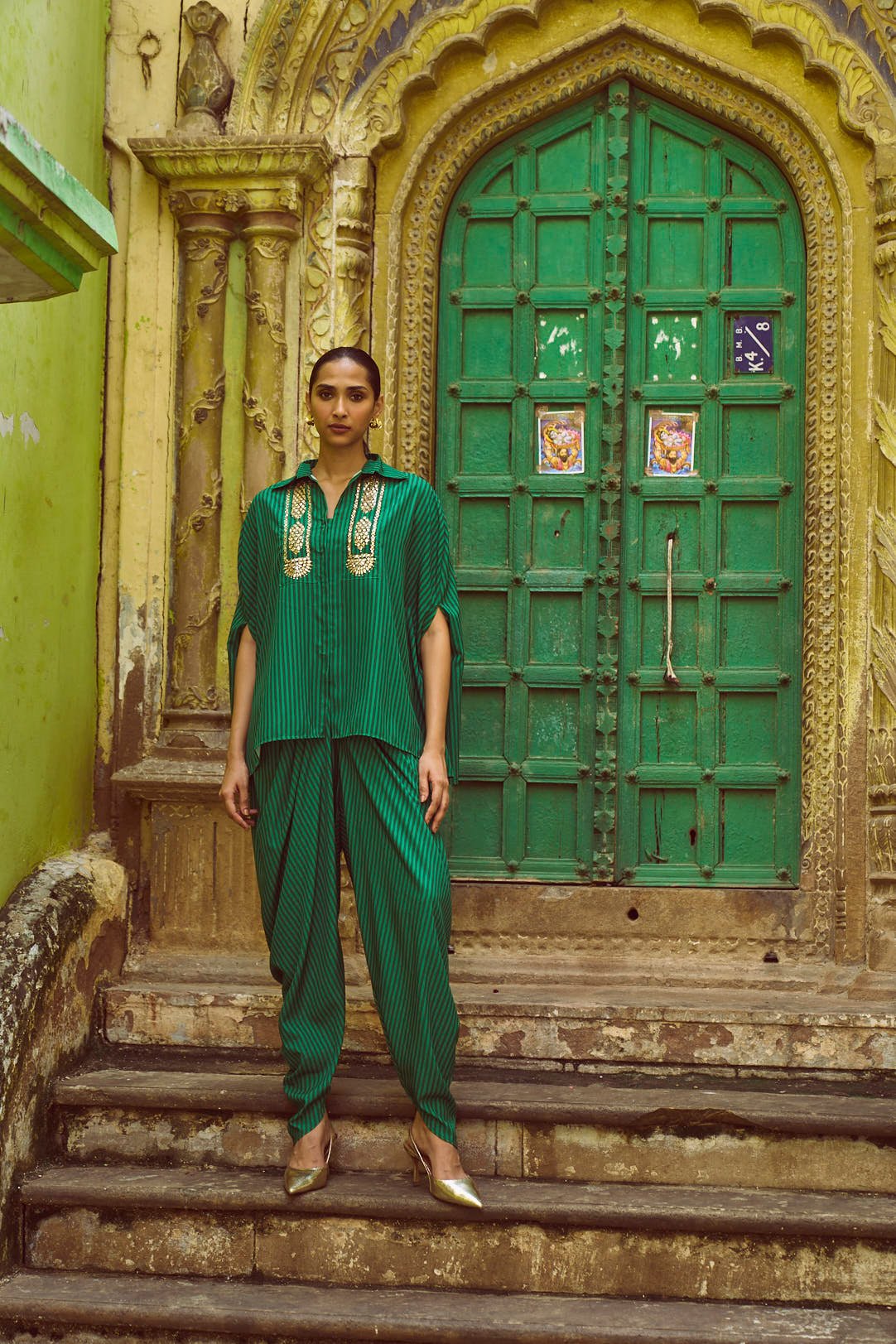 Green Striped Cape-Sleeve Shirt and Dhoti Pant Co-ord Set