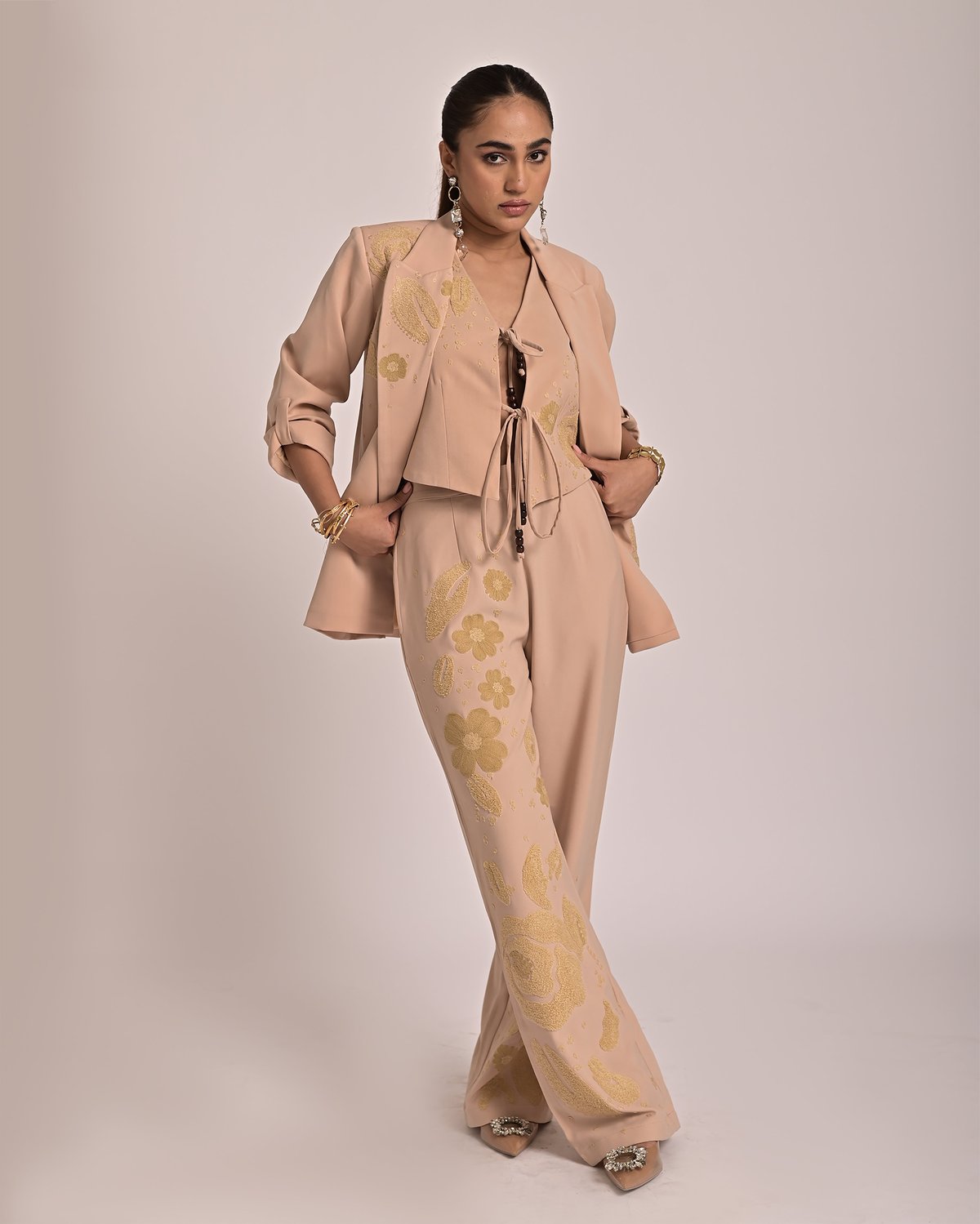 Beige High-Waist Wide-Leg Embroidered Trousers