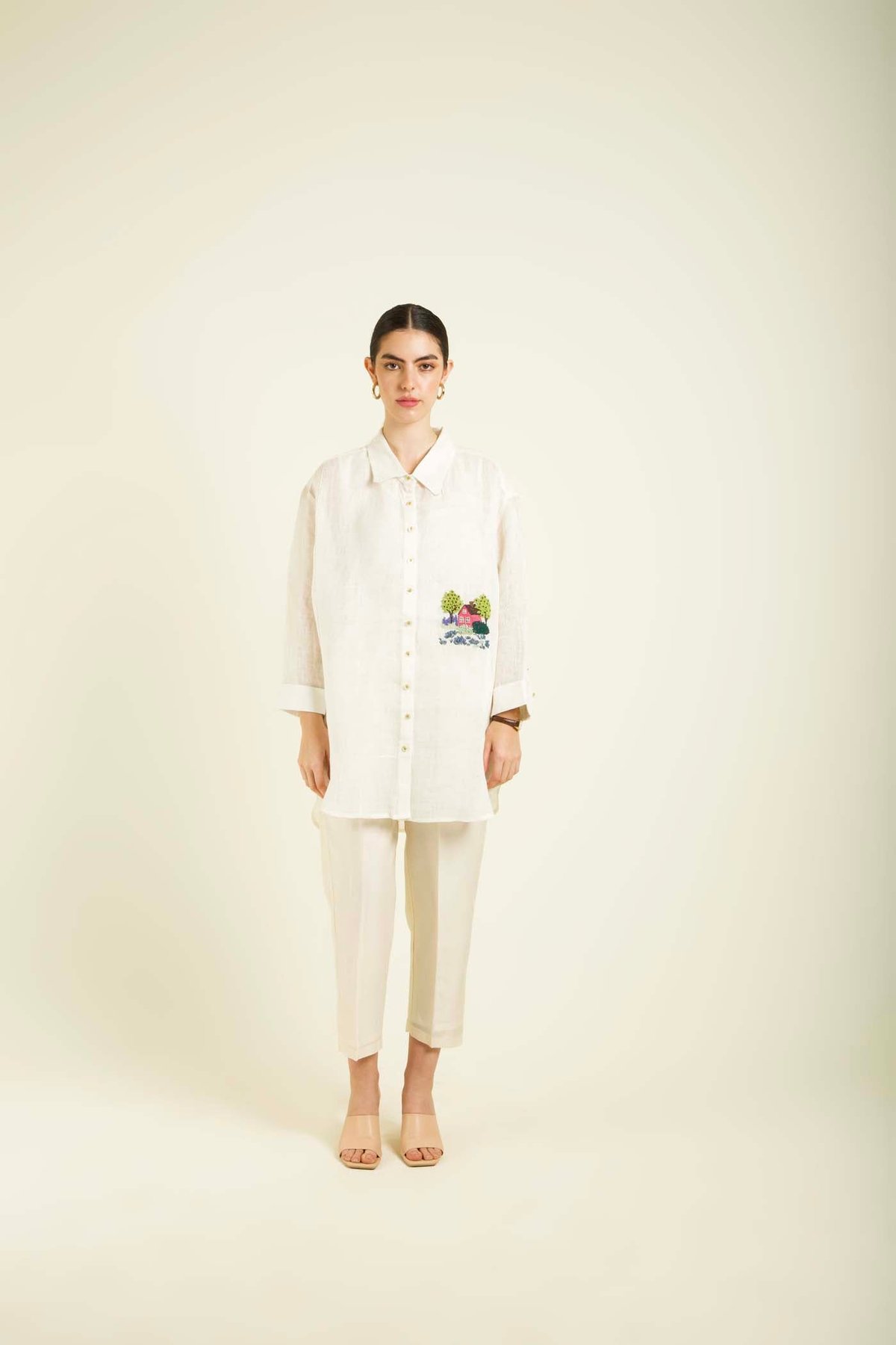 Ivory Shirt and Straight Pants Co-ord Set with Slip