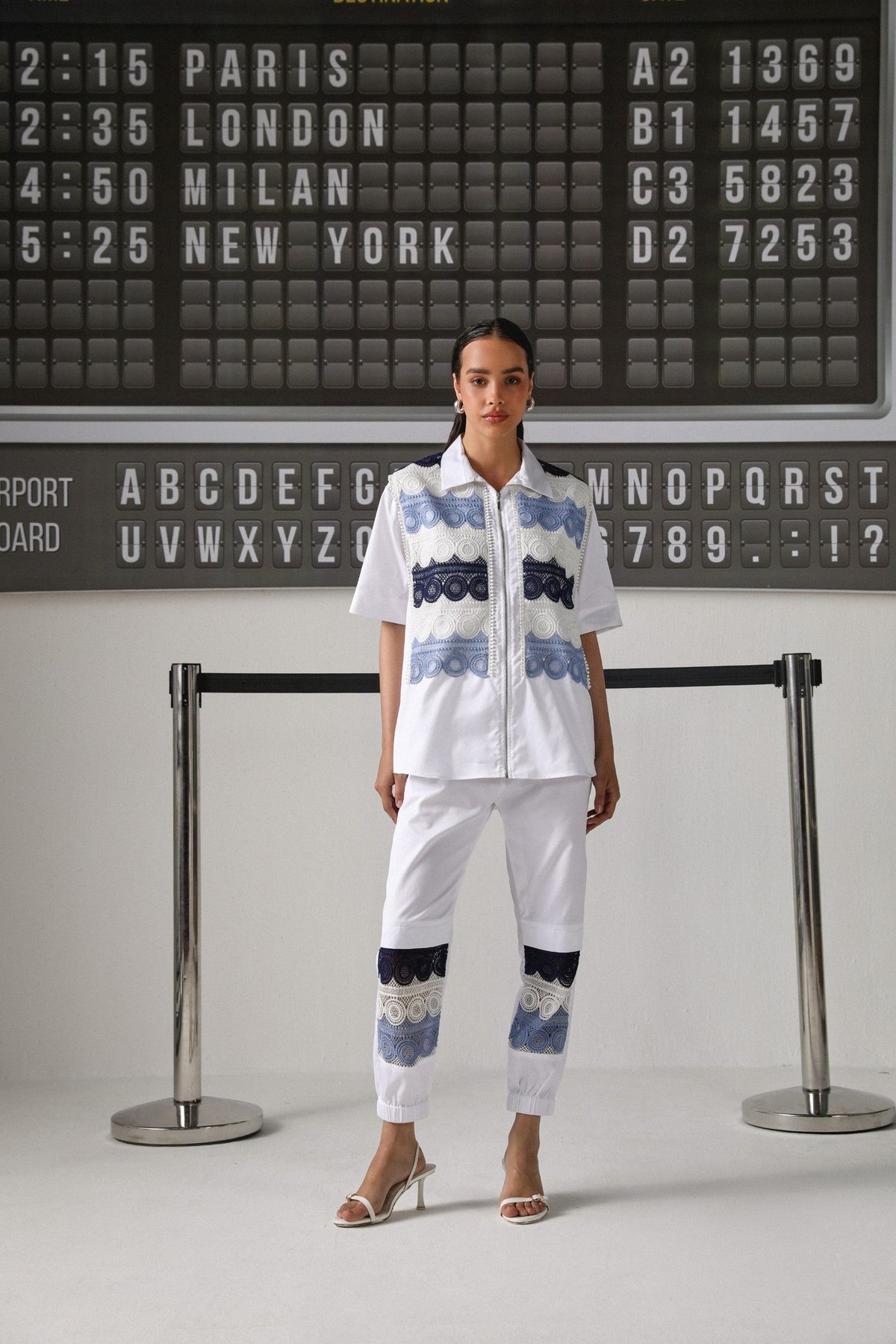 White and Navy Lace Band Shirt and Pants Co-ord Set