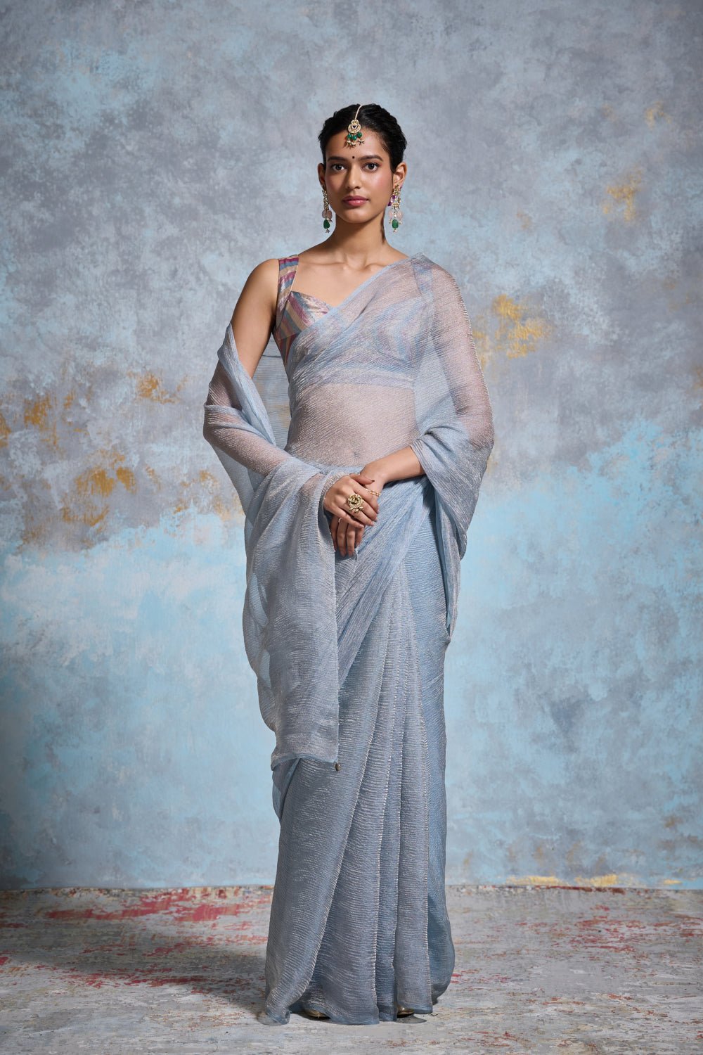 Blue Crinkle Tissue Saree with Silver Zari Sheen