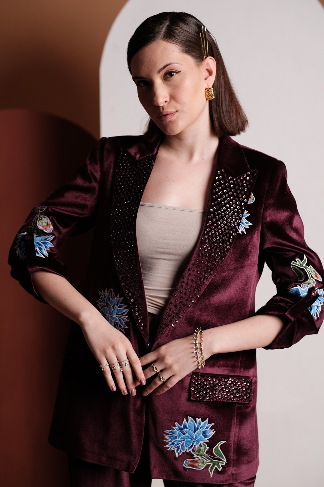 Wine Stretch Velvet Floral Embellished Blazer