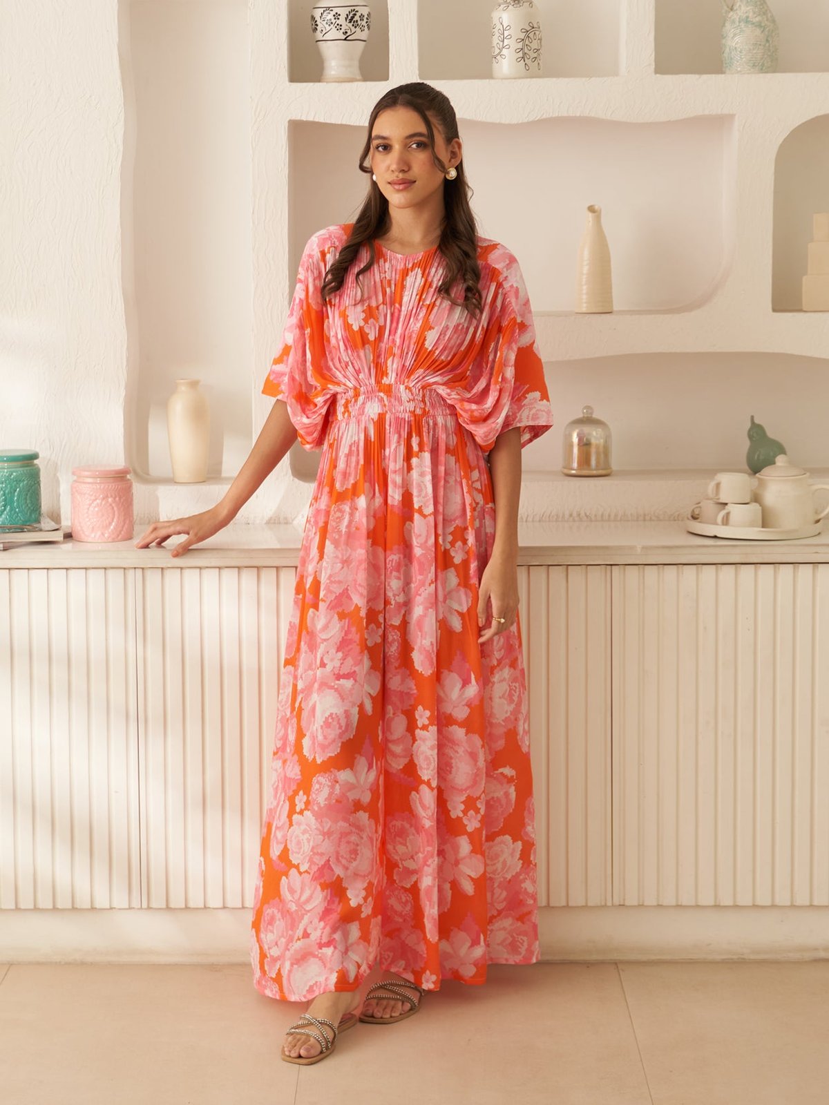 Orange Floral Maxi Jumpsuit with Smocked Waist