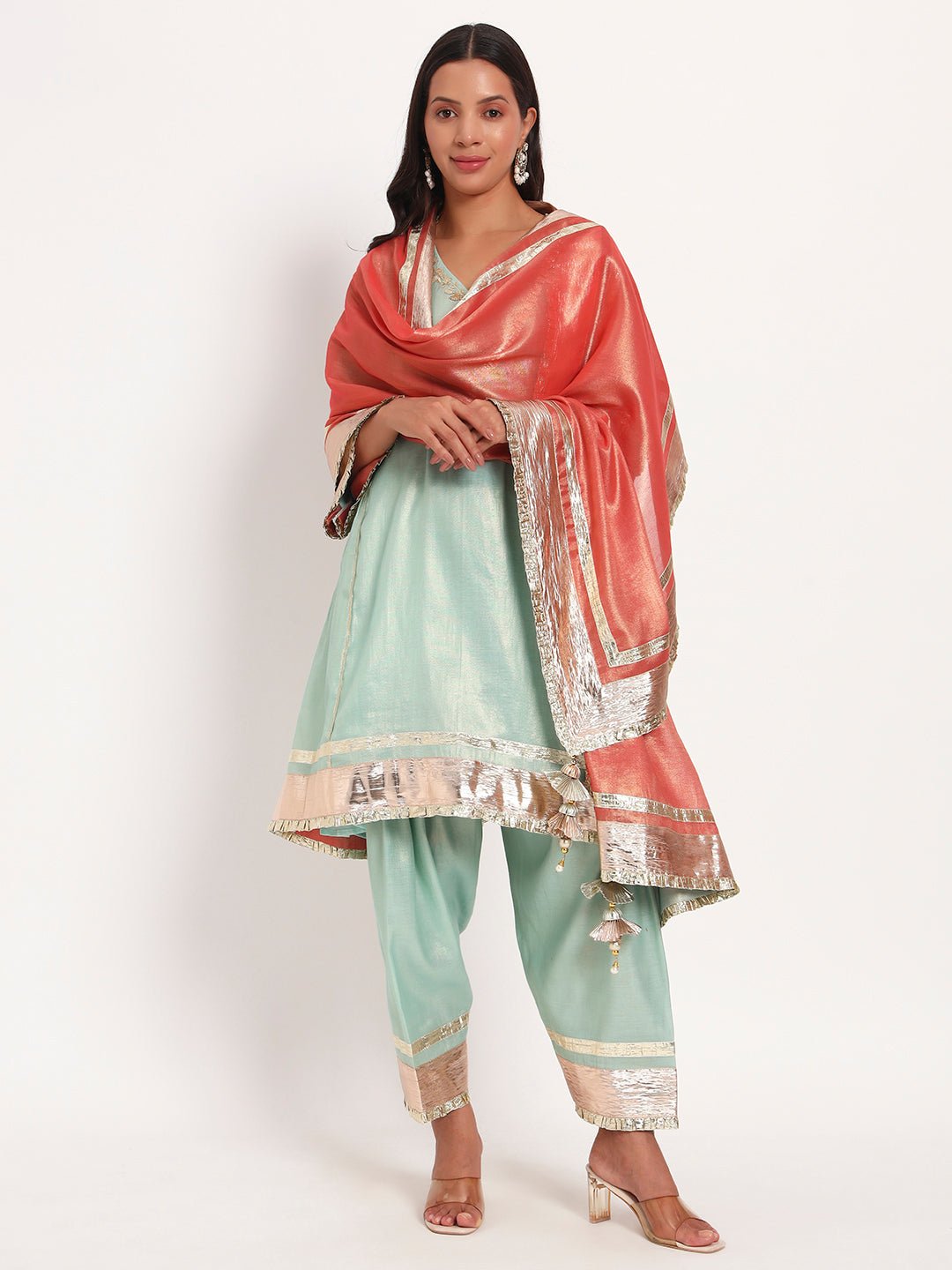 Mint Cotton Tissue A-Line Kurta Set with Gotta Patti