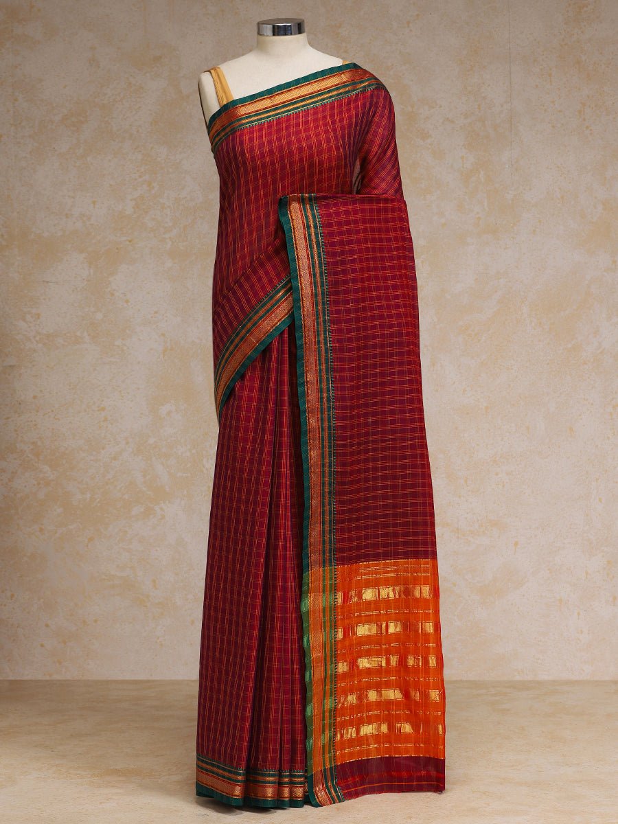 Deep Red Check Cotton Silk Kanchi Chettinad Saree
