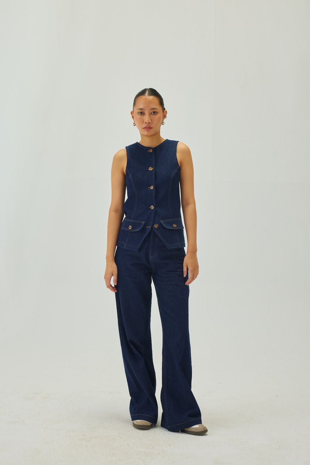 Blue Denim Round Neck Button-Front Waistcoat