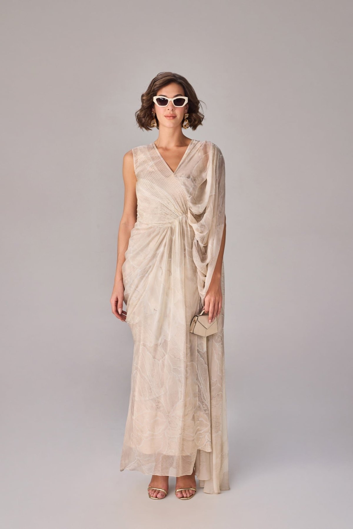 Ivory Chiffon Abstract Floral Draped Maxi Dress