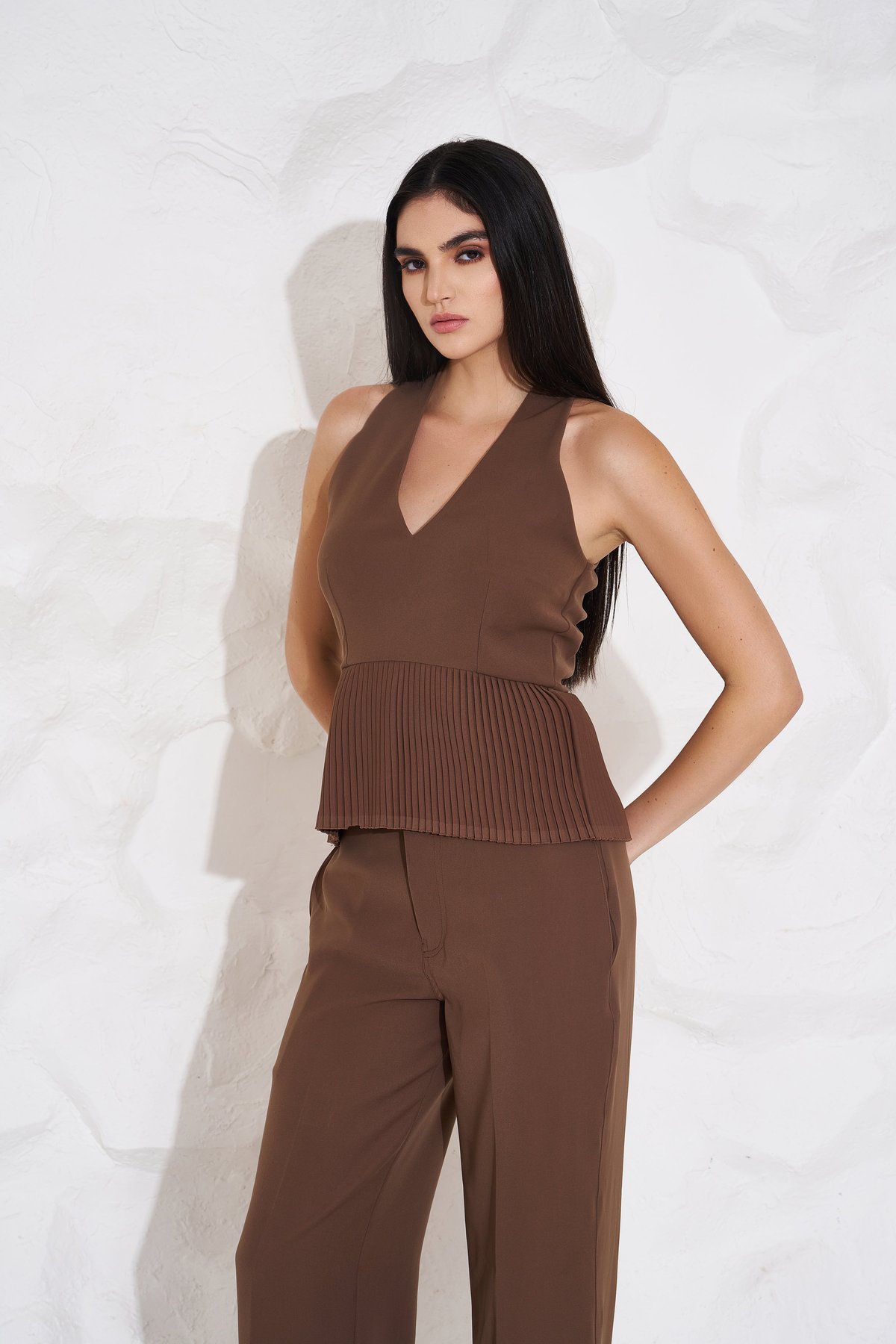Mocha Heavy Crepe Pleated Peplum Top