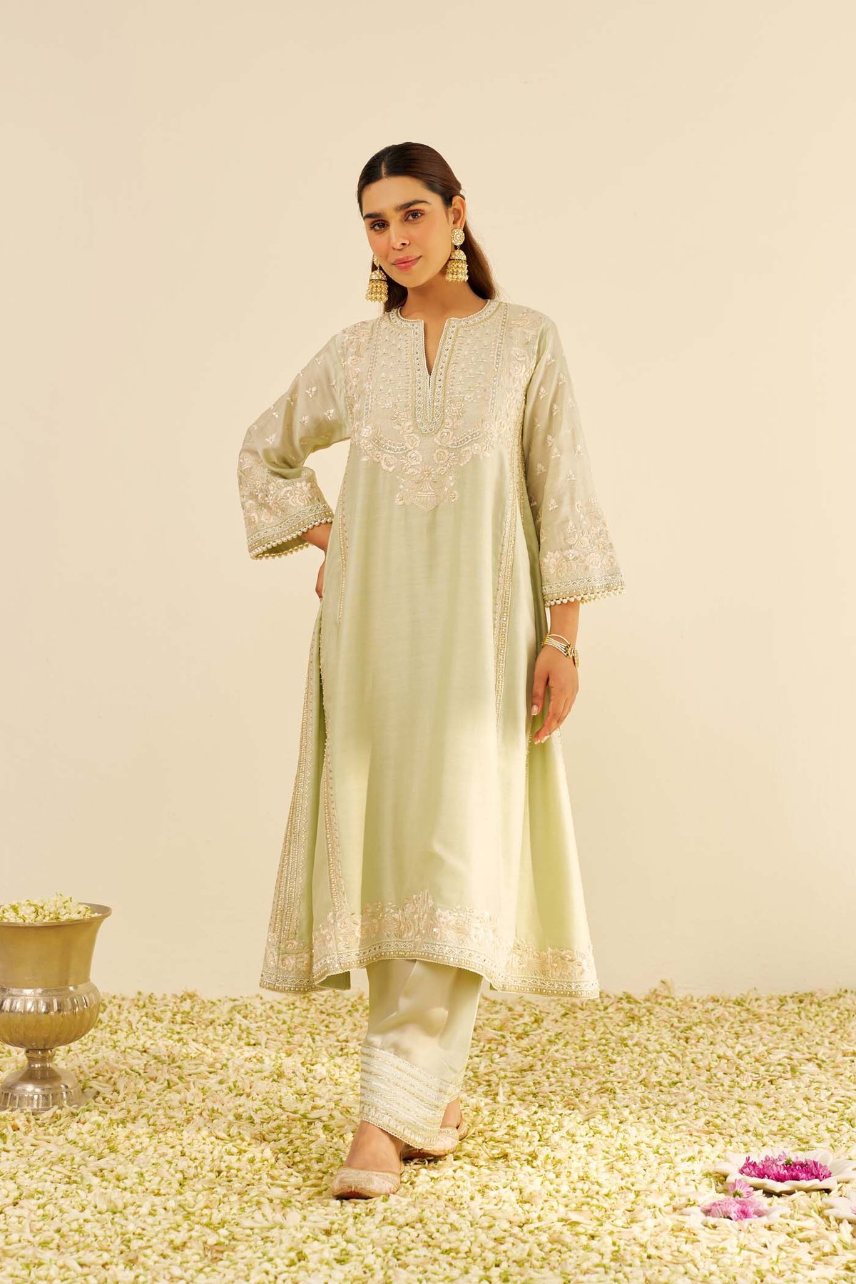 Mint Green Embroidered Chanderi Kurta Set with Salwar
