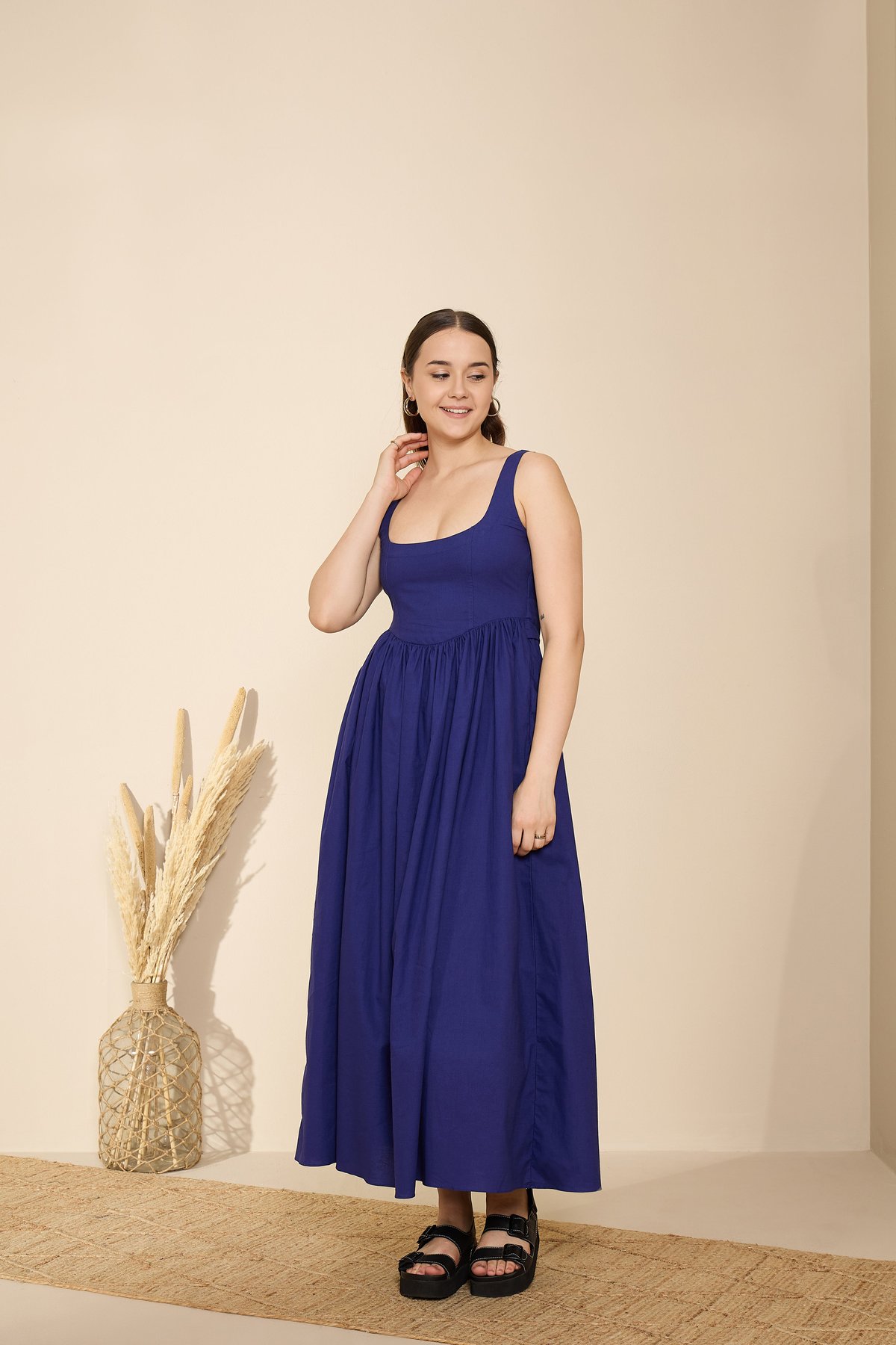 Cobalt Blue Fit and Flare Corset Bodice Maxi Dress