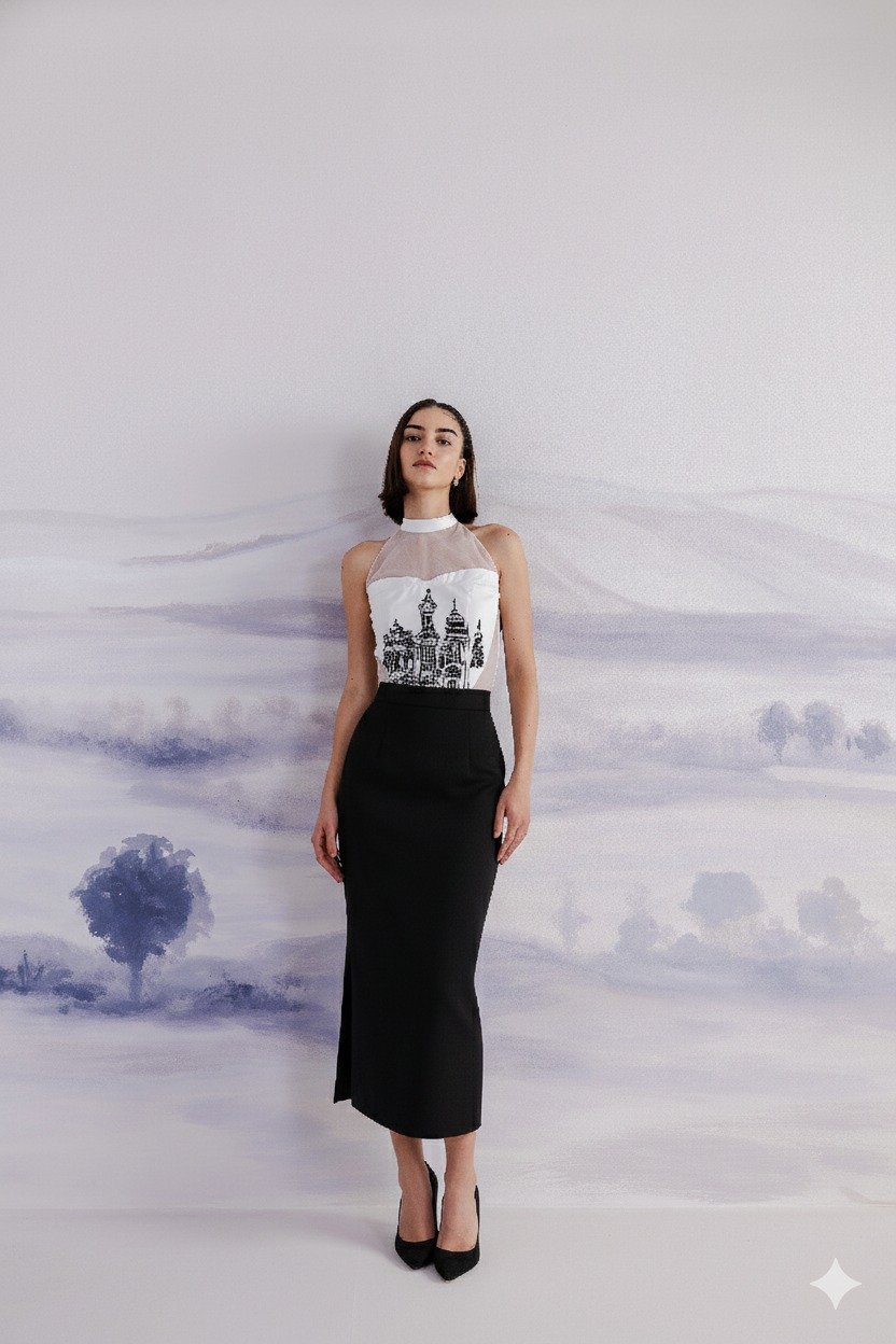 Black Banana Crepe Midi Pencil Skirt