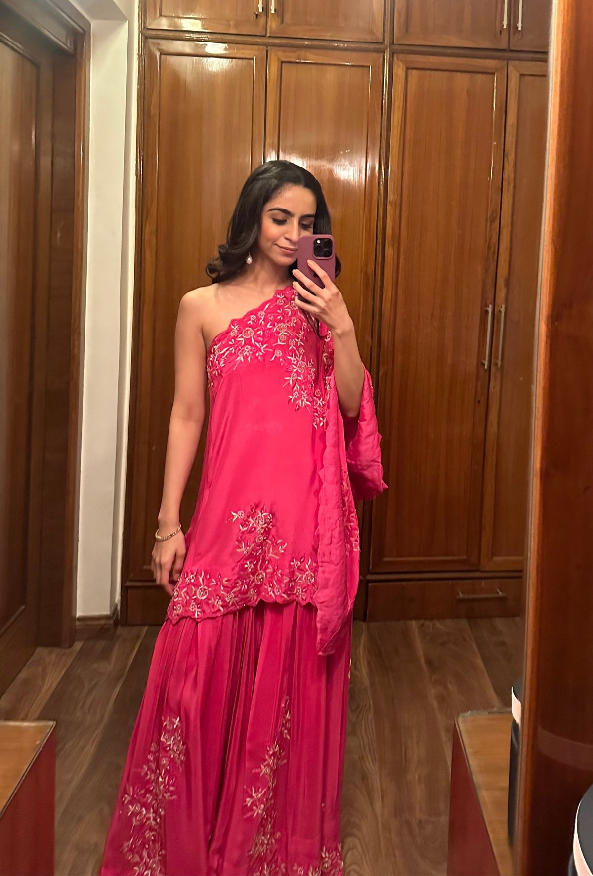 Hot Pink One-Shoulder Embroidered Sharara Co-ord Set
