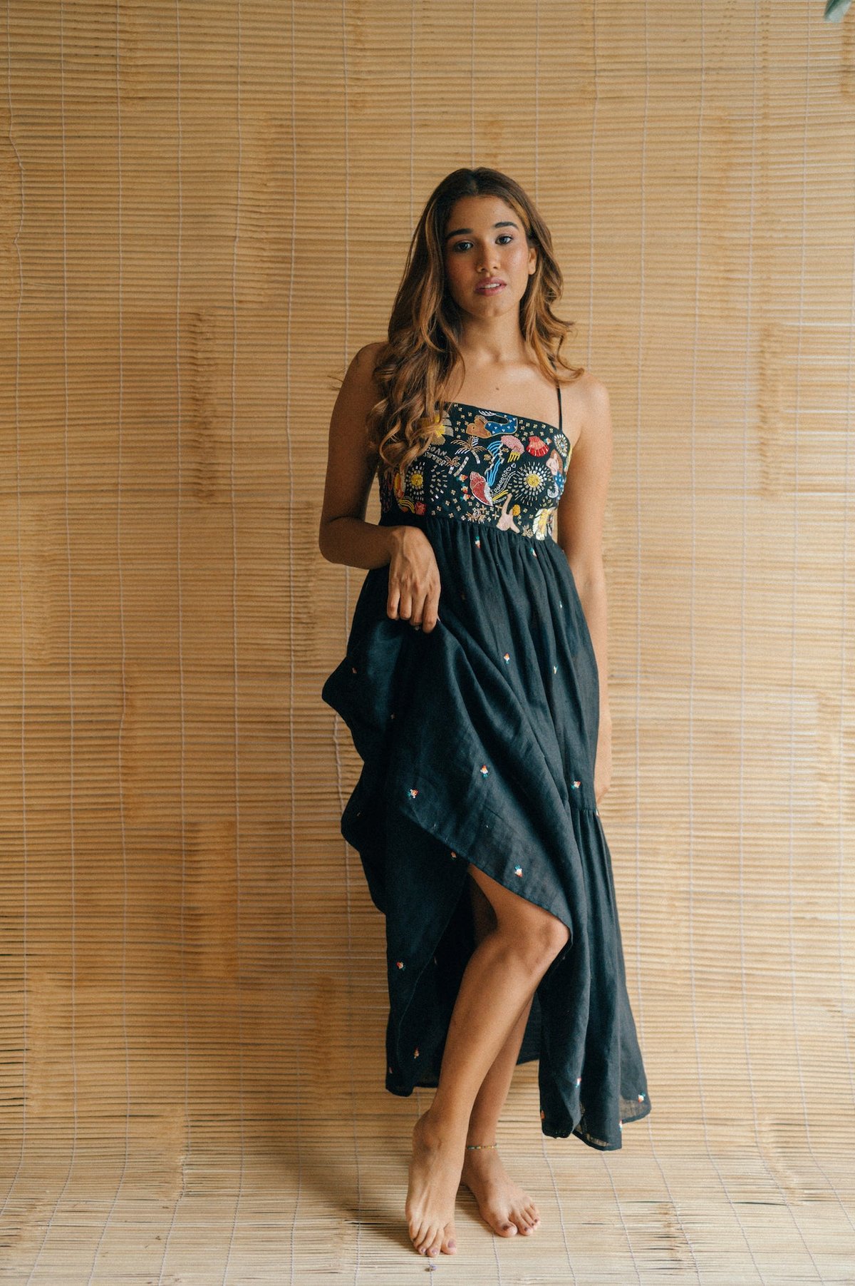 Cola Linen Tiered Maxi Dress with Embroidered Bodice