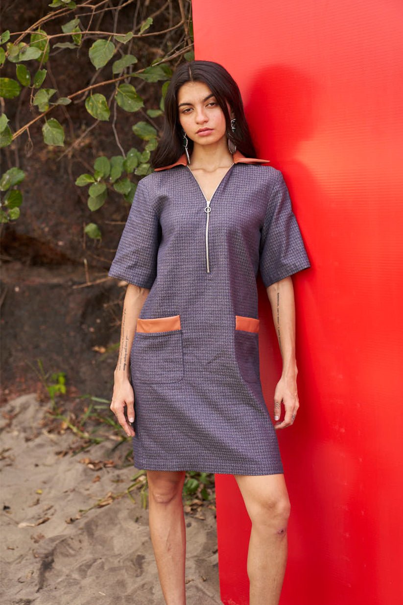 Indigo Cotton Jacquard Mini Shift Dress with Zip Neck