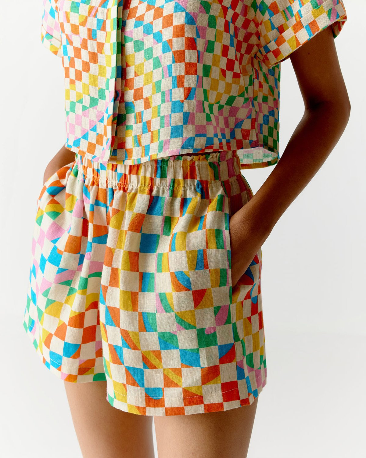 Multicolour Printed Linen High-Rise Elastic Waist Shorts