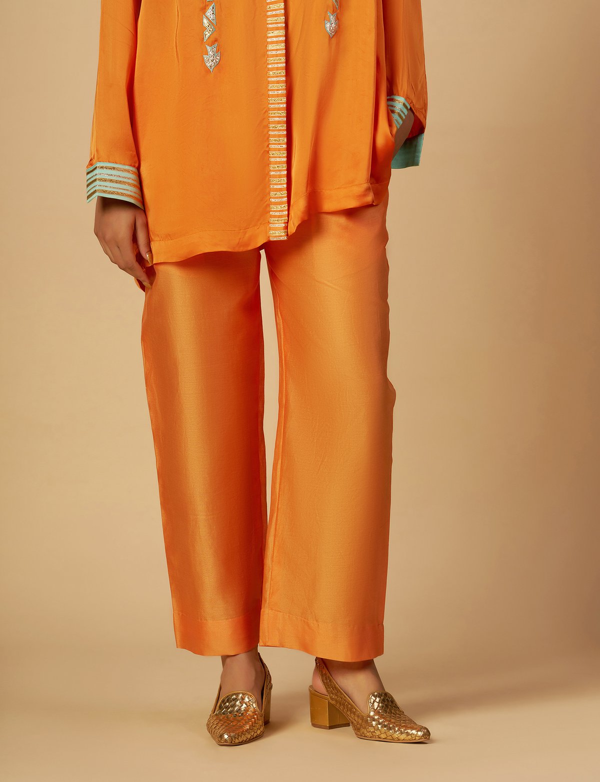 Orange Silk Chanderi Straight-Leg Trousers with Gota Detail