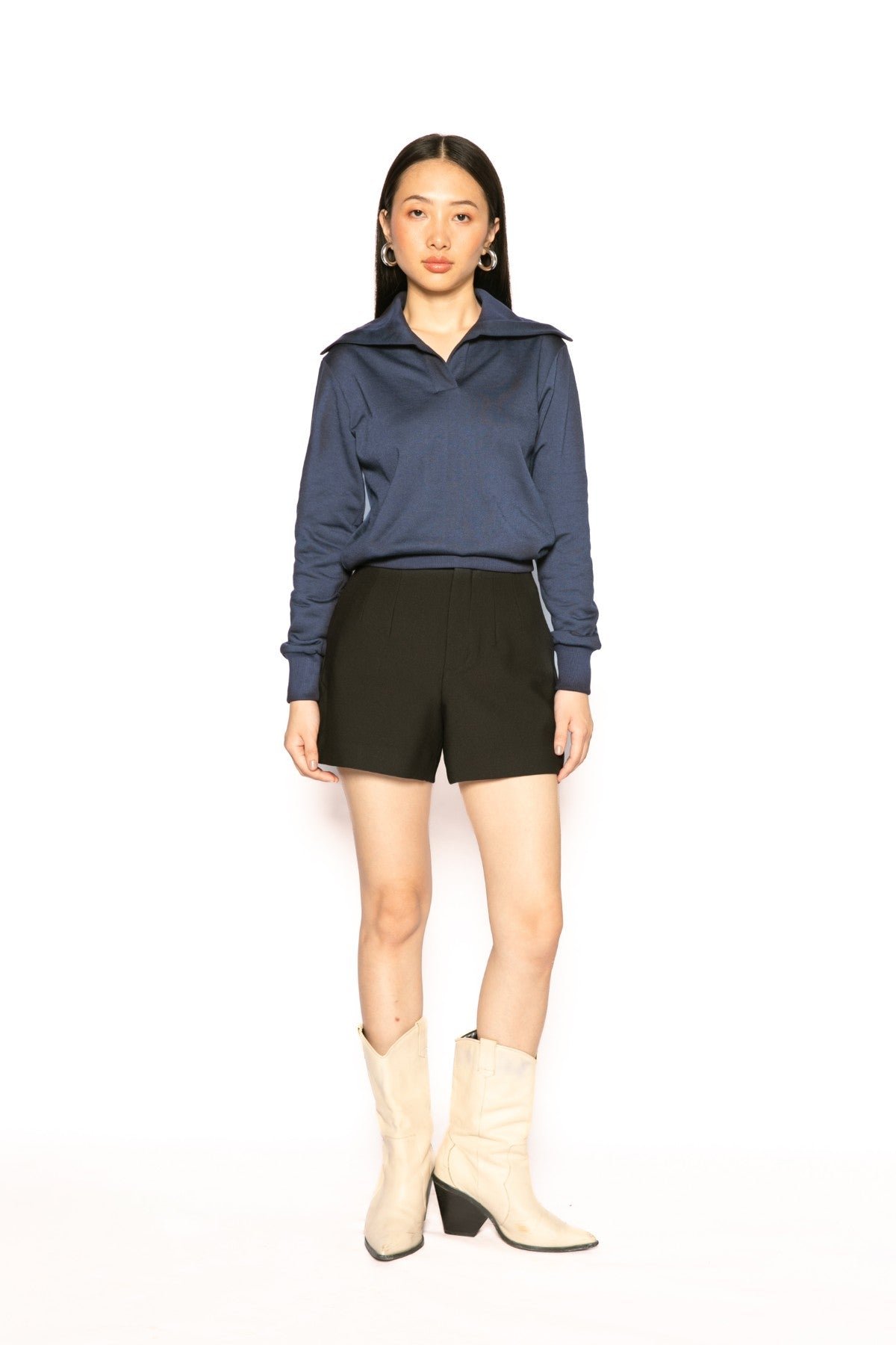 Blue Cotton Fleece Sailor Collar V-Neck Pullover Top