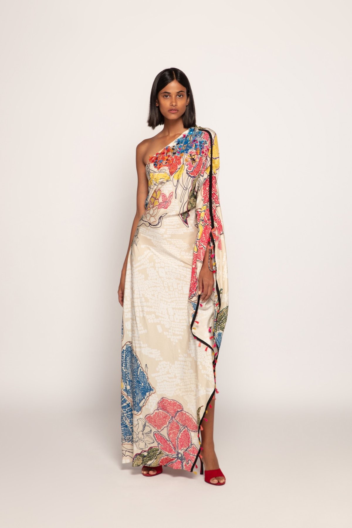 Ivory One-Shoulder Asymmetric Silk Kaftan with Side Slit