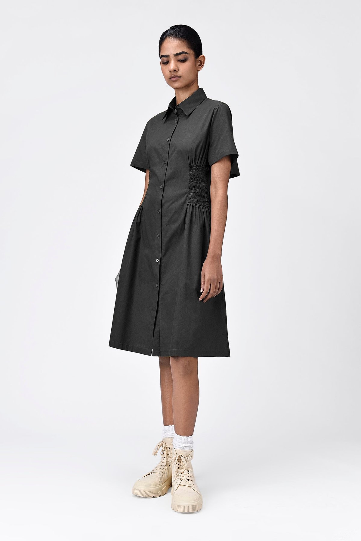 Black Cotton Poplin Shirt Dress with Back Cutout